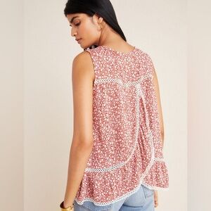 Maeve Quinn Lace Sleeveless Peplum Top Red/White Mini Floral Print-Size Medium